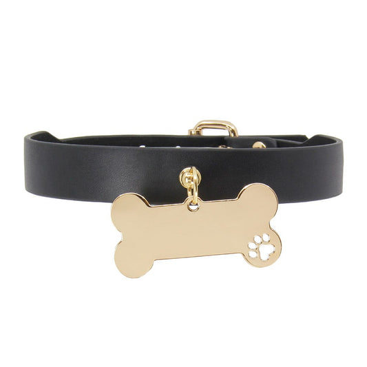 Love in Leather Faux Leather Collar with Engravable Bone - Gold