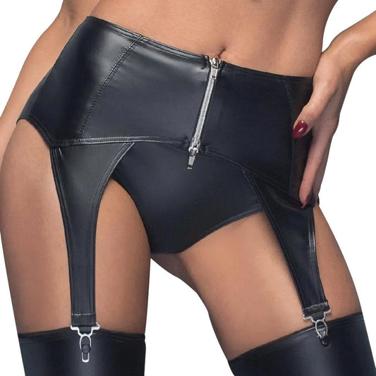 Noir Wetlook Garter Belt with Zipper