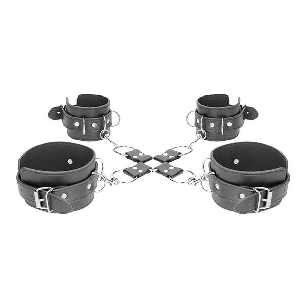 Ouch Black & White Leather Hogtie Wrist + Ankle Cuffs