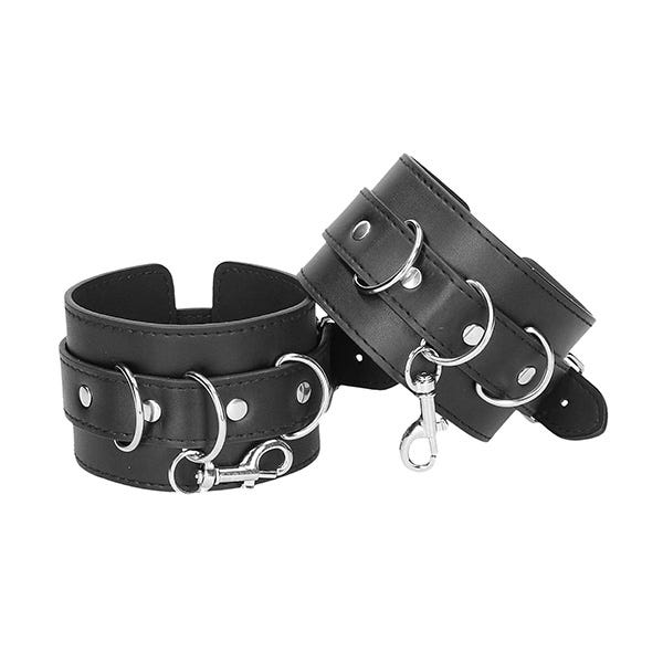 Ouch Black & White Leather Hogtie Wrist + Ankle Cuffs