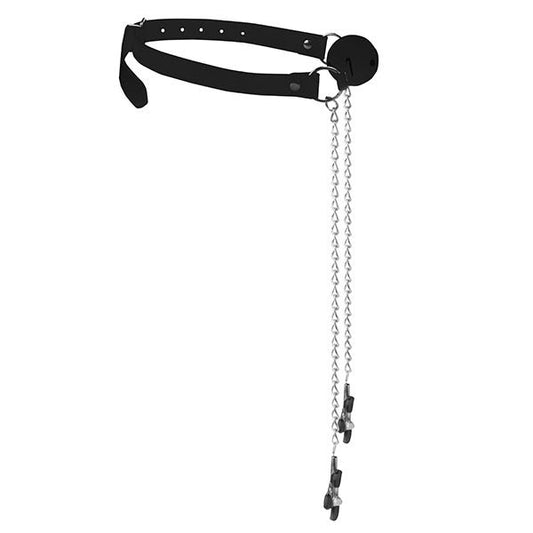 Ouch Black & White Breathable Gag With Nipple Clamps