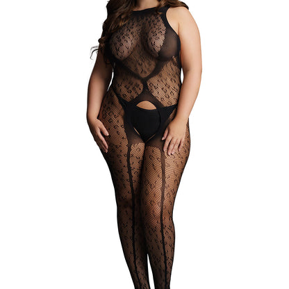 Le Desir Crotchless Leopard Bodystocking - Black Queen Size