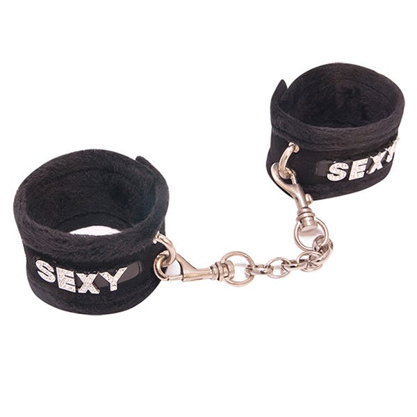 Love In Leather Faux Fur-Lined Sexy Motif Diamante Wrist Cuffs