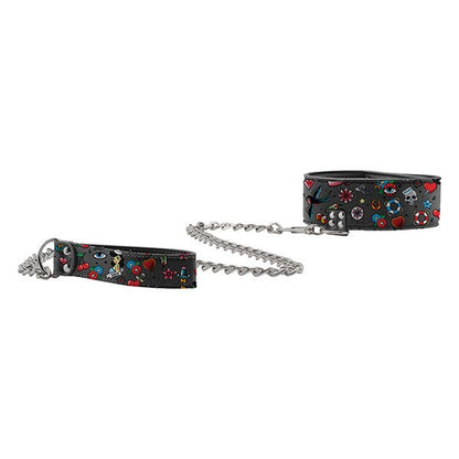 Ouch! Tattoo-Style Printed Leather Collar with Leash