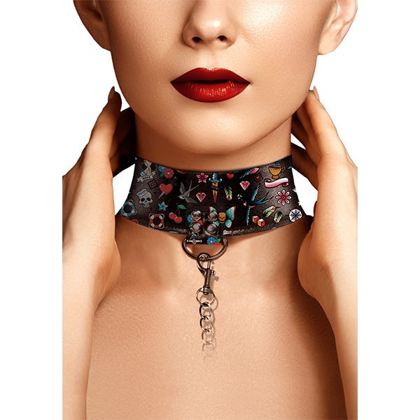 Ouch! Tattoo-Style Printed Leather Collar with Leash