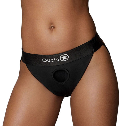 Ouch! Vibrating Strap On Panty Harness with Open Back & Rechargeable Bullet - Black M/L